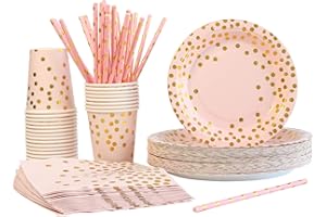 AHPYEUHK Assiette Jetable Vaisselle Anniversaire 125 pcs Assiette Carton Dessert Vaisselle Kit Assiettes et Coupe Serviette Paille pour Diverses Fêtes Décorations