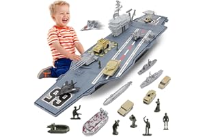 deAO Porte-Avions de Jouet au Design Réaliste Accessoires,Navire Militaire,10 soldats,camion,avions de chasse,Cuirassé etc.26PCS Kit de Jeu Porte-Avions,Maquette de Bateau Militaires Cuirassés