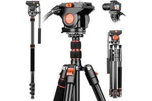 JOILCAN 183cm Trépied Vidéo pour Caméras, Trépied Appareil Photo Résistant avec 360° & +90°/-70° Tête Fluide pour DSLR/Caméscopes, Trepied et Monopods en Alliage d'Aluminium, Charge Jusqu'à 13.6kg