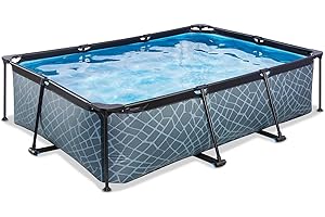 EXIT Toys Stone Pool - 220x150x65cm - Rechteckiger, Kompakter Rahmenpool mit Kartuschenfilterpumpe - Leicht Zugänglich - Für Kleinkinder Geeignet - Starker Rahmen - Einzigartiges Design - Grau