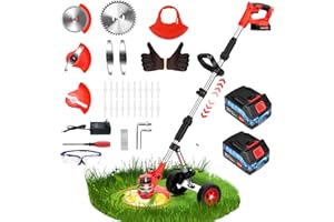 INNOPOWER 21V Debroussailleuse Electrique sans Fil, Débroussailleuse à Batterie avec Roues Réglables, Coupe Bordure sans Fil avec 2 Batteries de 2,0 Ah et 4 Types de Lames, pour Débroussaillage, Cour, Jardin