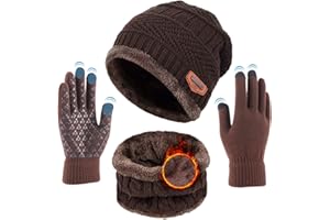 TMEOG Conjunto Gorro Bufanda Guantes Hombre Mujer, Gorro de Invierno Braga Cuello con Forro Polar Guantes de Punto con Pantalla Táctil