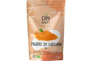 CIBO CRUDO CRUDO BIOLOGICO VEGAN Curcuma Bio en Poudre - 150g. Racine de Curcuma Bio en Poudre Finement Moulue. Curcuma Poudre pour le Lait Doré Plats Exotiques et Soupes Épicées.