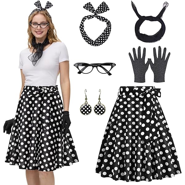 Vestito Anni 50 Donna - Set Rockabilly 8 Pezzi Con Gonna A Pois, Sciarpa E Accessori