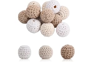 ROSEYAN 12 Stück Gehäkelt Holzperlen 20mm holzperlen mit Loch Rund Häkelperlen Handgefertigt Holzkugeln Gehäkelte Perlen Kugeln für DIY Schmuck Dekorationen Halskette Armband (A)