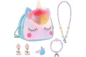 Victse Licorne Sac pour Enfants, Unicorn Petit Sac avec Ensemble de Bijoux, Filles Sac à Main Enfants Collier Bracelet Bagues Boucles d'oreilles avec Accessoires (Blue)