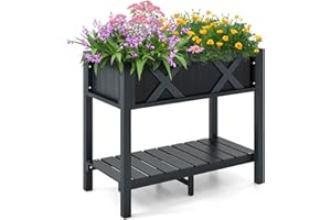 GOPLUS Jardinera elevada con estante, jardinera elevada con agujeros de drenaje, resistente a la intemperie, para jardín y terraza, 86 x 45 x 73 cm, HU5223ITDE