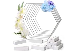 Sntieecr 10 Stück 20cm Silber Hexagon Metallring Makramee Ringe mit 10 Holzständer für DIY Macrame, Hochzeits-Tischschmuck und Kranz Hochzeit Dekor und DIY Weihnachten Handwerk