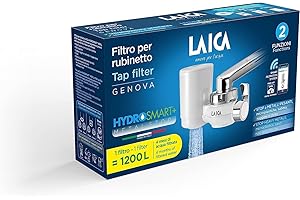 LAICA R20A Filtro rubinetto GENOVA, con sistema filtrante HYDROSMART+ METAL STOP, 1200 L di Acqua Filtrata, Adattatori per rubinetto inclusi, Made in Italy, Bianco/Cromato