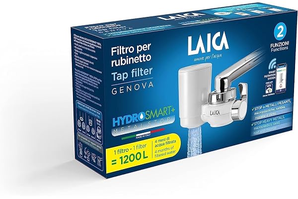 LAICA Genova kranvattenfilter med HYDROSMART+ metallstoppfilter, 1200L Filtrerat Vattenkapacitet, 5 kranadaptrar, tar bort mikroplast, tunga metallklor från kranvatten
