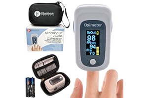 Pulse Oximeter Fitharbour New Version [CE Certified ] Blood Oxygen Saturation Monitor Fingertip OLED Display HR with Alarm Two AAA Batteries Carry Bag & Lanyard (Grey[Black Case])