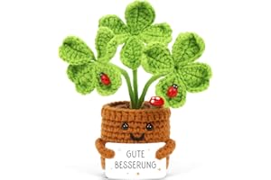 HUKUMA Glücksbringer Gestrickte Vierblättriges,Pocket Hug Positive Gehäkelte Blume,Gute Besserung Geschenke, Häkelblumen genesungsgeschenke, Mutmacher Geschenk für Freund Freundin Kollegen