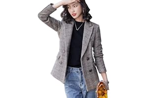 ebossy Chaqueta de cuadros con solapa de muesca de 2 botones para mujer