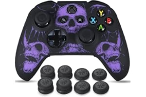 YoRHa Laser Carving Silicone Skin for Xbox One S/X Controller x 1(Purple) with Pro Thumb Grips x 8