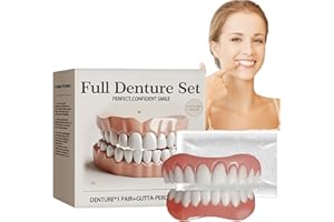 RUOJIAR 1 Pair Silicone Reline Denture Set,False Teeth Set with Comfort Fit,Snap on Veneers Teeth Upper and Lower,Clip On Veneers Top and Bottom,Temporary Dentures for Missing Teeth,Denture Repair Kit