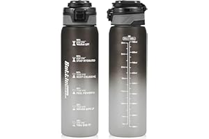 SEASEVEN Sports Water Bottle 1L,Plastic Drinks Bottle,1 Litre Water Bottles with Time Markings,Waterbottle Leak Proof and Bpa-Free for Gym,School, Office, Outdoor (Black White)