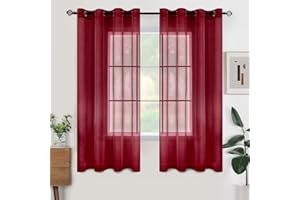 Woaboy Voile Gardinen Kurz Vorhänge Transparent Wohnzimmer mit Ösen Stores Gardinen Schlafzimmer Ösenvorhang Scheibengardine Schlaufengardinen Modern 2er Set 140x175 cm (B x H) Wein Rot