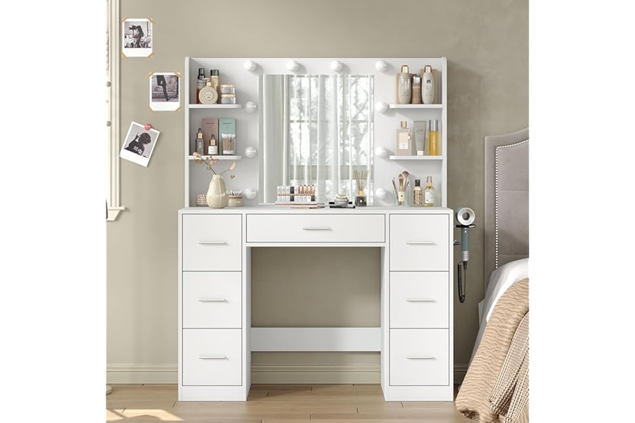 FUSOU Dressing Table with Mirror and Lights, Vanity Desk with Power Outlets, 7 Drawers and 6 Open Shelves, 3 Lighting Modes, Adjustable Brightness, White