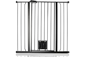 Bettacare Barrière pour Chien avec Chatière Verrouillable, 100.8cm - 108.4cm, Noir, Hauteur de 104cm, Barrière de Sécurité pour Animaux Extra Haute avec Chatière pour Chat