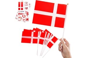 ZSYIULIA 10pcs Mini Denmark Flag on Sticks & 2pcs Tattoos - Danish Hand Held Flags for 2024 Football Sports Events, National Day Party Decorations