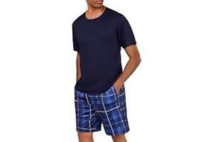 Uniexcosm Mens Short Pyjamas Set Classic Plaid Sleepwear T-Shirt Top with Shorts Bottoms Cotton Pjs Set Loungewear Summer