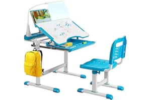 ‎COSTWAY COSTWAY Kinderschreibtisch Set mit Bücherständer & LED-Licht, höhenverstellbarer Kindertisch und Stuhl mit gekippter Tischplatte & Schublade, Kinder Schreibtisch für Jungs & Mädchen (Blau)