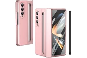 BAILI pour Galaxy Z Fold4 Étui avec Stylet et Emplacement pour Stylet, Protecteur d'écran trempé + Protection de charnière Housse en Cuir pour Samsung Galaxy Z Fold4-Rose