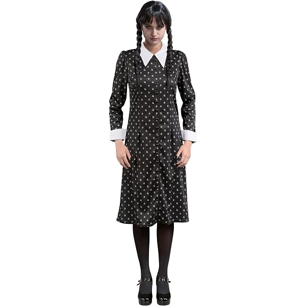 RUBIES - DÉGUISEMENT ENFANT MERCREDI OFFICIEL - ROBE LONGUE CHEMISIER NOIR, POIS BLANC - MERCREDI UNIFORME - TAILLE ENFANT AU