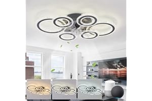 LJX Living Room Ceiling Fans with Lights Compatible with Alexa and Google Assistant 76cm Fans with Lamps Silent Dimmable Memory Function Reversible Timer 6 Ring Fan Light for Bedroom, Black