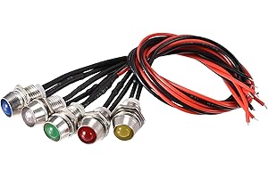 sourcing map LED Indicator Light AC/DC 12V 8mm Panel Mount Metal Shell Red Yellow Blue Green White 5Pcs