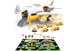 Veluoess Juego Aviones Vehículos, Transporte Cargo Avión Coche Juguete con Tapete de Juego, 6 Mini Camiones de Construcción y 11 Señales de Tráfico para Niños Mayores de 3 Años