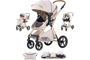 Shineey Poussettes 3 en 1 Citadines Poussettes Combinées Poussette Tricycle Baby Walker Poussette Haute Paysage Poussettes Landau pour 0-36 mois Pliantes Trolley Bébé (H2-RICEWHITE, H2)
