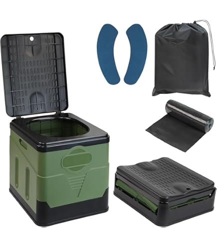 Fousenuk Campingtoilette Schwarz, Camping WC Faltbar mit 2 rollen Biologisch Abbaubaren Müllbeutel, Camping Toilette Mobile Notfall Trockentoilette für Wandern, Camping, Reisen, Stau