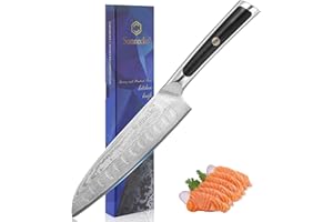 Sunnecko Coltello Santoku da Cucina, Coltello Giapponese Stile in Acciaio Damasco 73 Strati, Coltelli da Cucina Professionali 18cm per Verdure Pesce, Manico in Fibra di Vetro G10