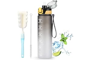 OKKLE Water Bottles 1L, Motivational Water Bottle with Straw & Brush,Sports Water Bottle BPA Free, Drinking Water Bottle with Time Marking, Portable Leak Proof Cantee Bottle Water Jug for Women Men