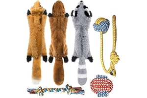 Peteast 3 Squeaky Toys and 3 Rope Dog Toys, No Stuffing Squeaky Plush Fox Raccoon Squirrel, Puppy Chew Teething Rope Toys Set for S/M/L Dogs Pets Animals