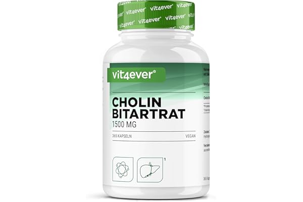 Gélules de Choline – 365 Gélules avec 1500 mg de Bitartrate de Choline par Dose Quotidienne – plus de 6 Mois de Réserve – Foie, Homocystéine & Métabolisme des Graisses – Naturel, Fortement Dosé, Véga