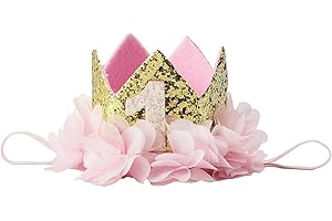 Nishine Diadema de corona dorada con purpurina rosa, corona de flores, tiara para bebé, suministros de fiesta de cumpleaños, accesorios de fotos