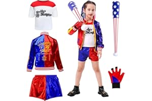 Heartsking Costume Quinn Bambina, Halloween Costume Bambino Costume Outfit per Ragazze Bambina con T-Shirt Giacca Pantaloni Guanti e Bastone da Baseball Gonfiabile per Carnevale Cosplay