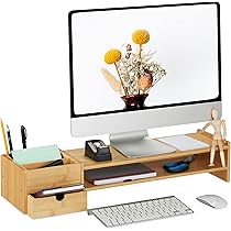 SoBuy Design Monitorverhoger Monitorstandaard Computerstandaard Bureau-organizer met 2 Laden - Bamboe - 56x23x12cm, Houtkleur, BBF06-N