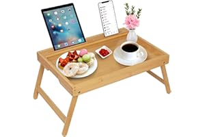 ARTMEER Vassoio da letto con manici, gambe pieghevoli, vassoio da colazione in bambù con supporto per tablet, tavolo da colazione, scrivania per computer portatile, vassoio da cucina