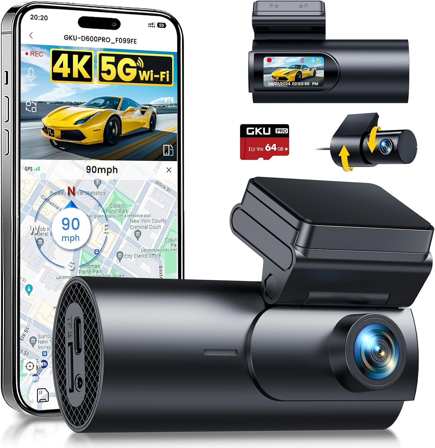 GKU 4K Dash Cam Front and Rear, 5GHz WiFi GPS, Dual Car Camera, 1.5” IPS Mini Dashcam for Cars with 64GB SD Card, 24H Parking Mode, Night Vision, WDR, 170° Wide Angle, G-Sensor, App Control, Max 256GB