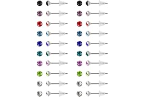 Kurtzy 20 Pairs Round Cubic Zirconia Stud Earrings with Storage Box - 4mm - 9 Assorted Birthstone Colours, Stainless Steel with Soft Rubber Back Stoppers - CZ Earring Studs For Women & Girls