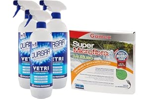 DC CASA Quasar Pulito Stellare Detergente Per Vetri 3 Pezzi X 650 Ml + Gamex Panno In Microfibra