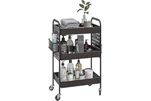 ‎HOMCOM HOMCOM Servierwagen mit 3 Ebenen Küchenwagen mit Rollen Griff Rollwagen mit Haken, 2 Hängekörbe Küchenregal Küchenrollwagen für Küche Büro Badezimmer, Schwarz