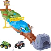 Hot Wheels Monster Trucks Bigfoot and Gunkster, Monster Trucks Demolition Track, HJG32 with easy storage