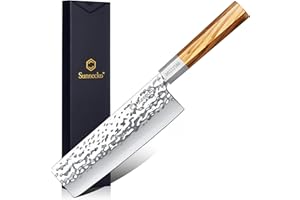 Sunnecko Couteau Cuisine Nakiri Japonais Martelé, Couteau de Cuisine Professionnel Légume 18 cm en Acier à Haute Teneur en Carbone, Manche en Bois d'olivier