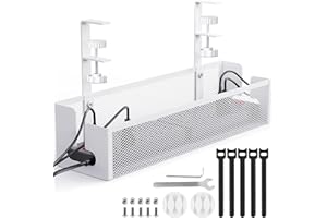 SUYEAH Under Desk Cable Management Tray, No Drill Mesh Desk Cable Tray, Wire Management Tray Cable Management Rack, Wire Organizer and Cable Management Box for Officehome (White)