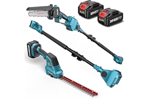 SEESII 6-en-1 Mini Tronçonneuse & Taille-haie, avec 2 * 4000mAh Batteries, Tronconneuse Electrique à Perche Télescopique, Portée Maximale Jusqu'à 4,57m, à 30 ML Bouteille d'huile