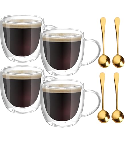 Lot De 6 Verres à Latte Double Paroi – 250 Ml, Avec Anse Et Cuillère – Verre Borosilicate Résistant Chaud/froid